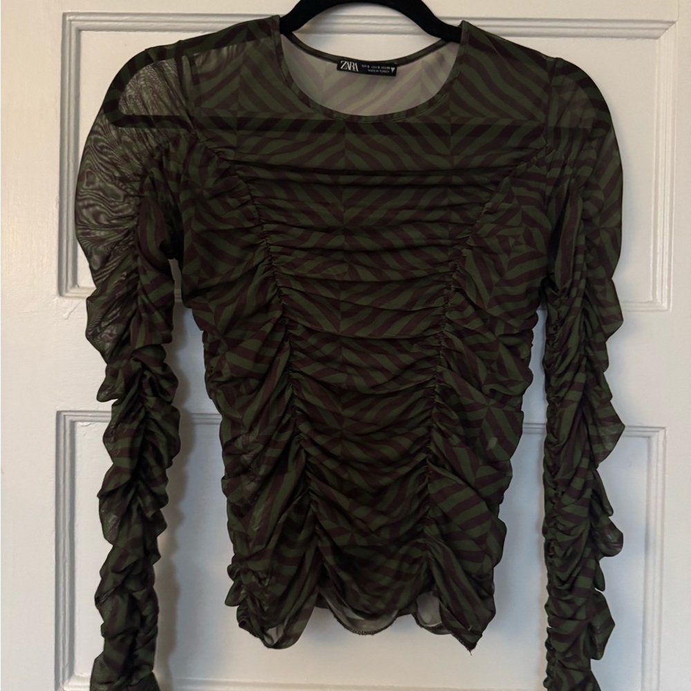 Zara Striped Olive and Brown Ruched Blouse